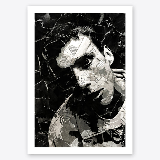 A digital collage portrait of Bez of Happy Mondays created using ripped up magazines and newspaper. An archival standard quality print from The Building House.