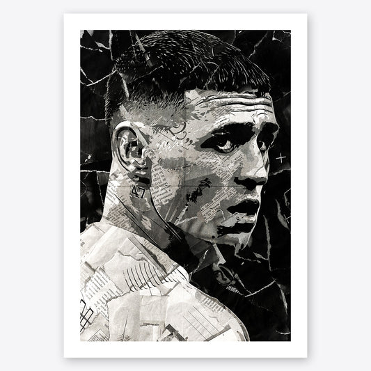 A digital collage portrait of Phil Foden created using ripped up magazines and newspaper. An archival standard quality print from The Building House.