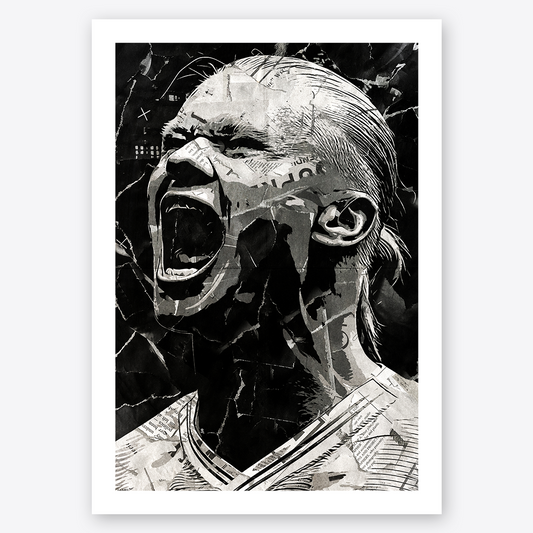 An Erling Haaland poster design - a portrait of Erling made using a collage of torn pieces of magazine pages in black and white.