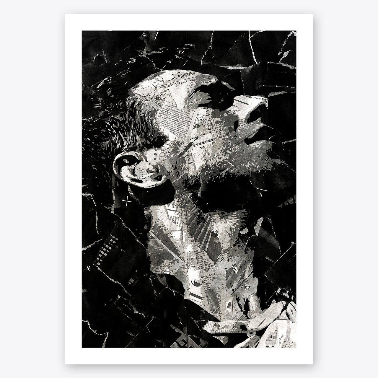 A digital collage portrait of Chris Martin of Cold Play created using ripped up magazines and newspaper. An archival standard quality print from The Building House.