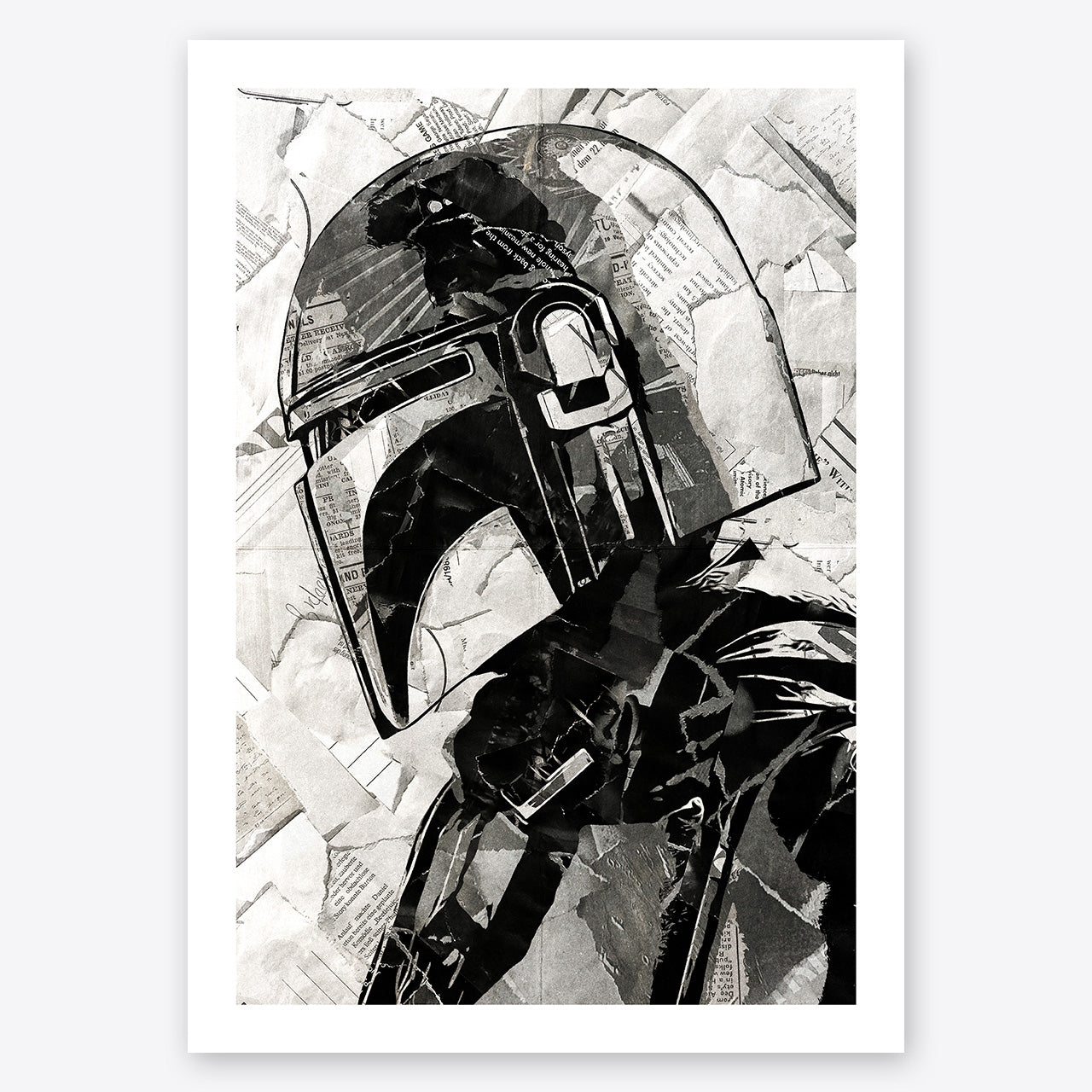 A digital collage portrait of the Mandolorian played by Pedro Pascal movies created using ripped up magazines and newspaper. An archival standard quality print from The Building House.