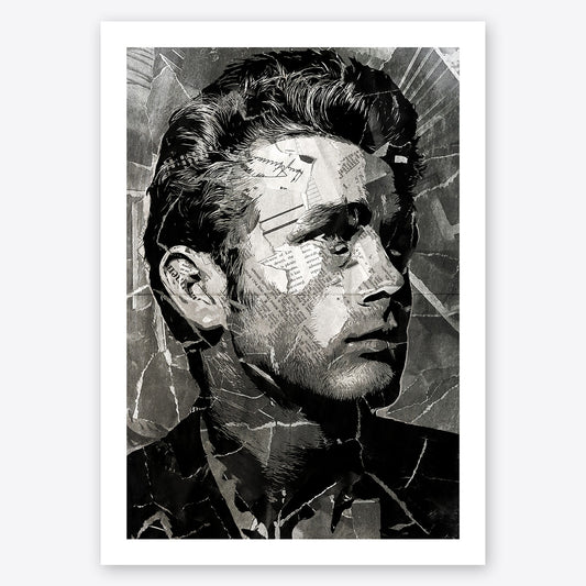 A digital collage portrait of James Dean created using ripped up magazines and newspaper. An archival standard quality print from The Building House.