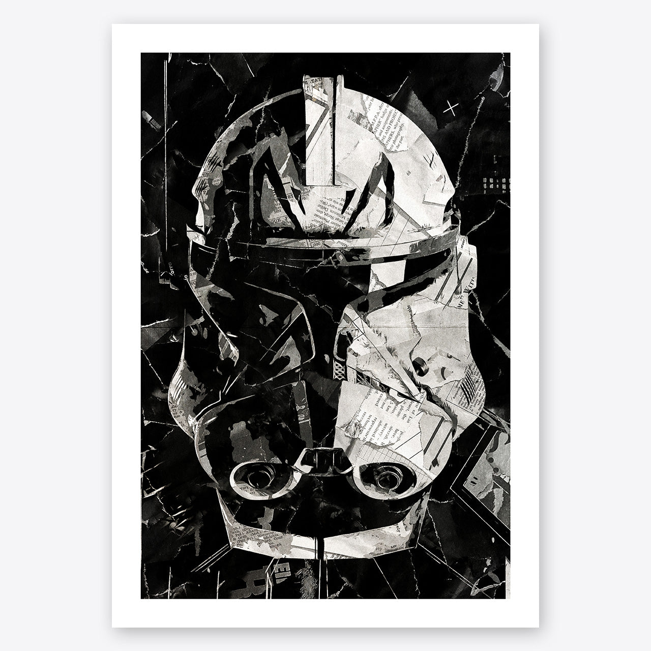 A digital collage portrait of Captain Rex from the Star Wars movies created using ripped up magazines and newspaper. An archival standard quality print from The Building House.