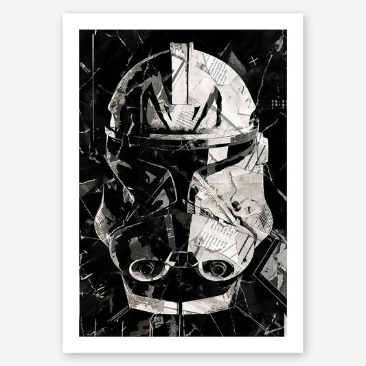 A digital collage portrait of Captain Rex from the Star Wars movies created using ripped up magazines and newspaper. An archival standard quality print from The Building House.