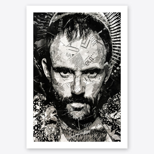 A digital collage portrait of Joe Talbot of Idles created using ripped up magazines and newspaper. An archival standard quality print from The Building House.