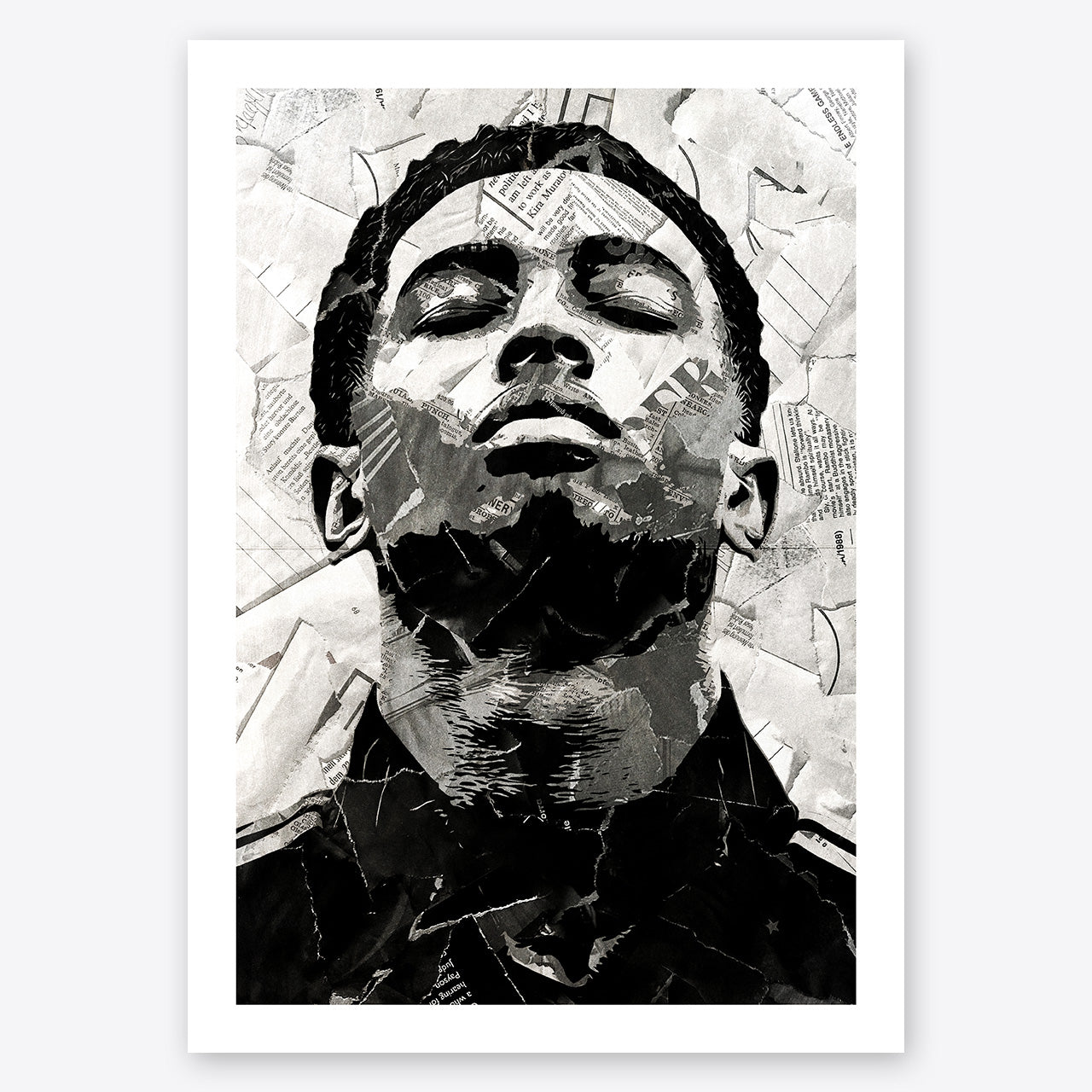 A digital collage portrait of Jude Bellingham created using ripped up magazines and newspaper. An archival standard quality print from The Building House.