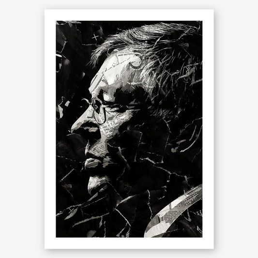 A Sir Alex Ferguson poster design - a portrait of Sir Alex made using a collage of torn pieces of magazine pages in black and white.