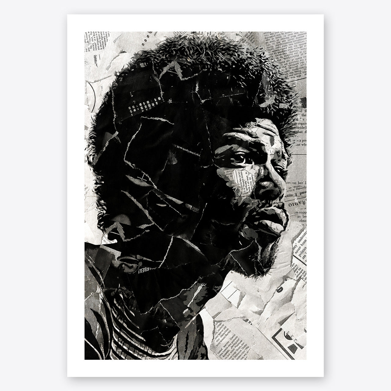 A digital collage portrait of Gil Scott-Heron created using ripped up magazines and newspaper. An archival standard quality print from The Building House.