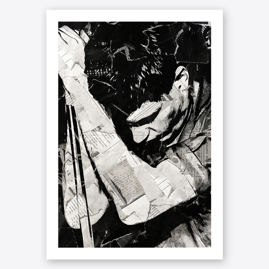 An Ian Curtis poster design - a portrait of Ian made using a collage of torn pieces of magazine pages in black and white.