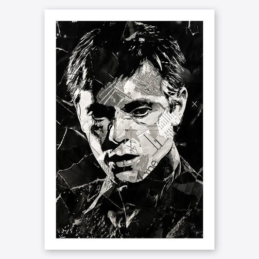 A digital collage portrait of Bernard Sumner of Joy Division created using ripped up magazines and newspaper. An archival standard quality print from The Building House.