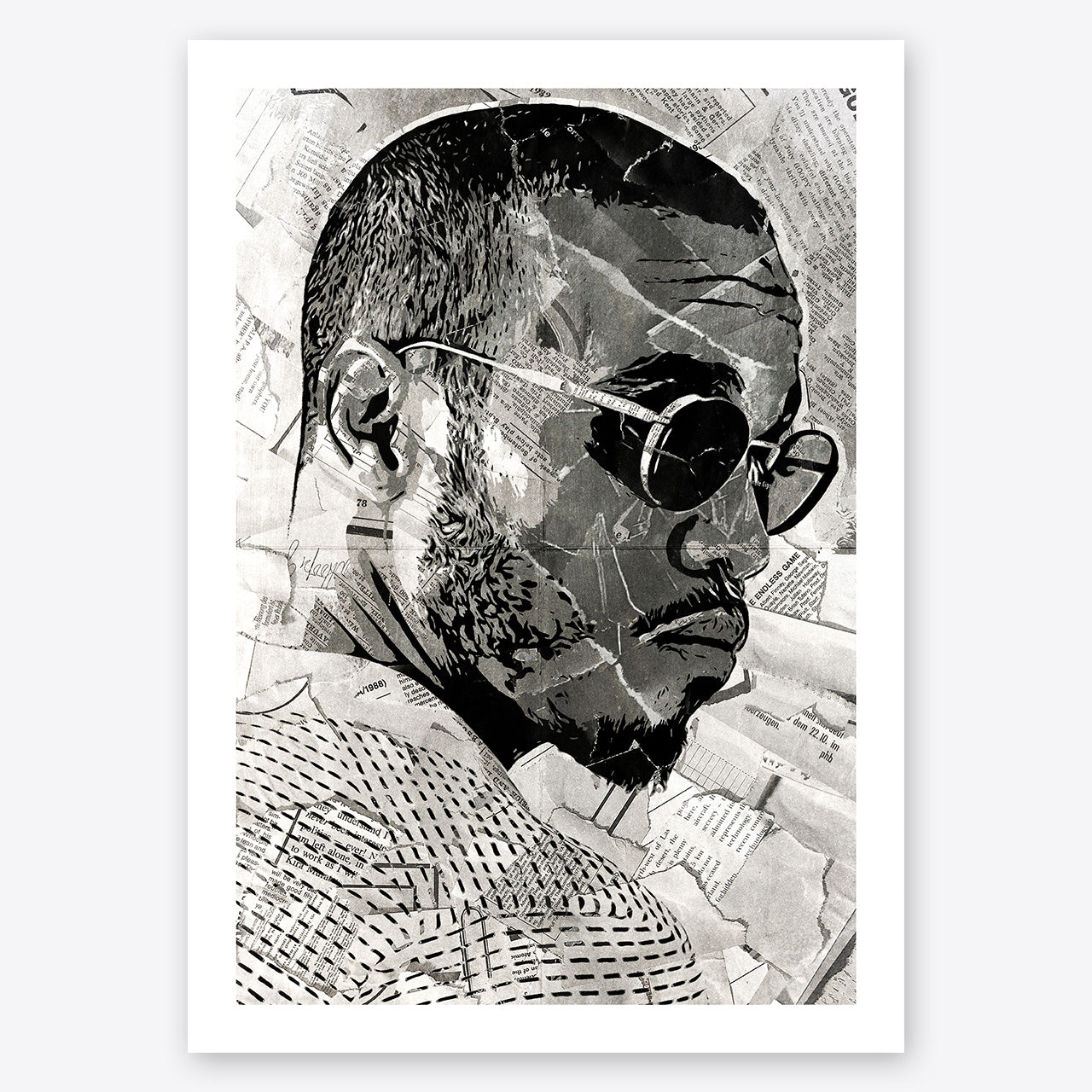 A digital collage portrait of Anderson Paak created using ripped up magazines and newspaper. An archival standard quality print from The Building House.