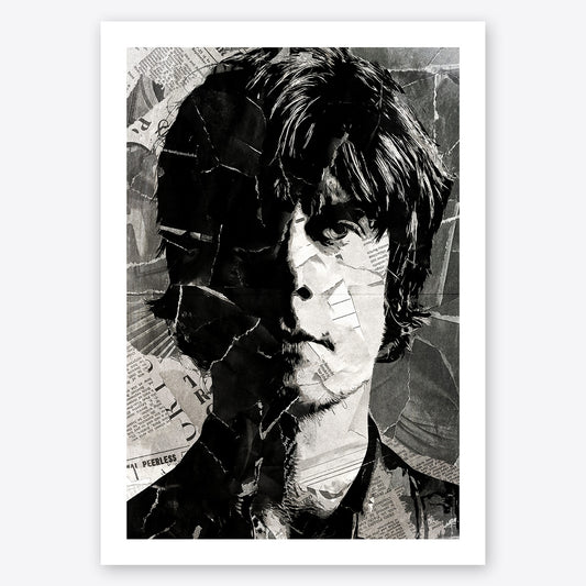 A digital collage portrait of John Squire of the Stone Roses created using ripped up magazines and newspaper. An archival standard quality print from The Building House.