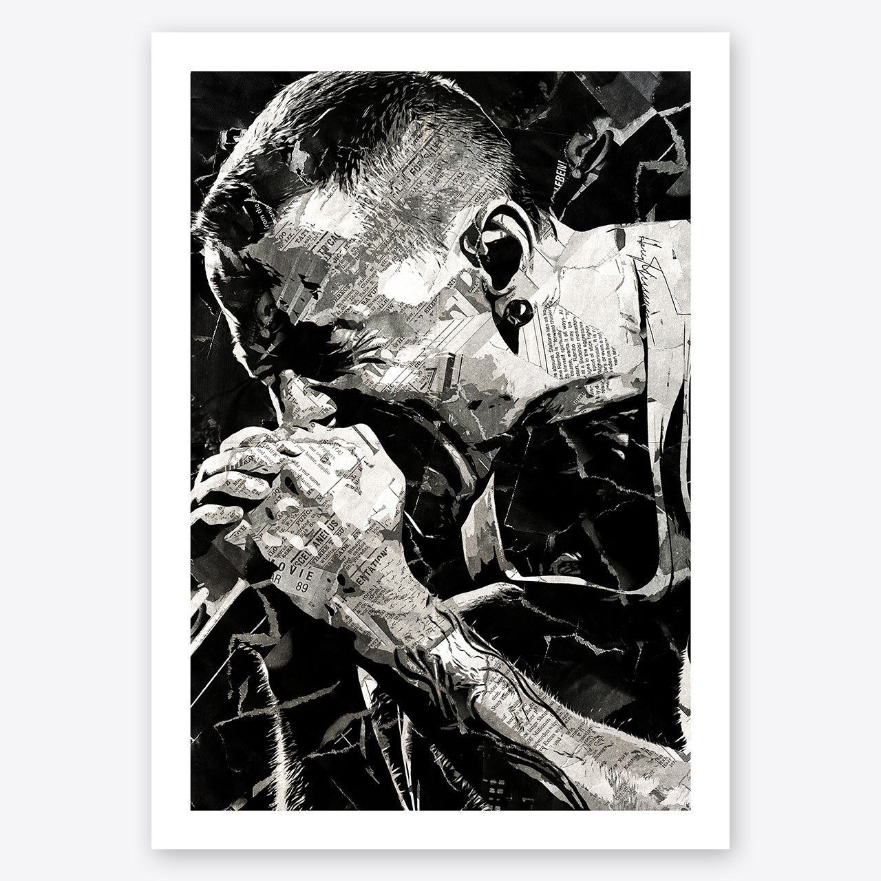 A digital collage portrait of Chester Bennington of Linkin Park created using ripped up magazines and newspaper. An archival standard quality print from The Building House.