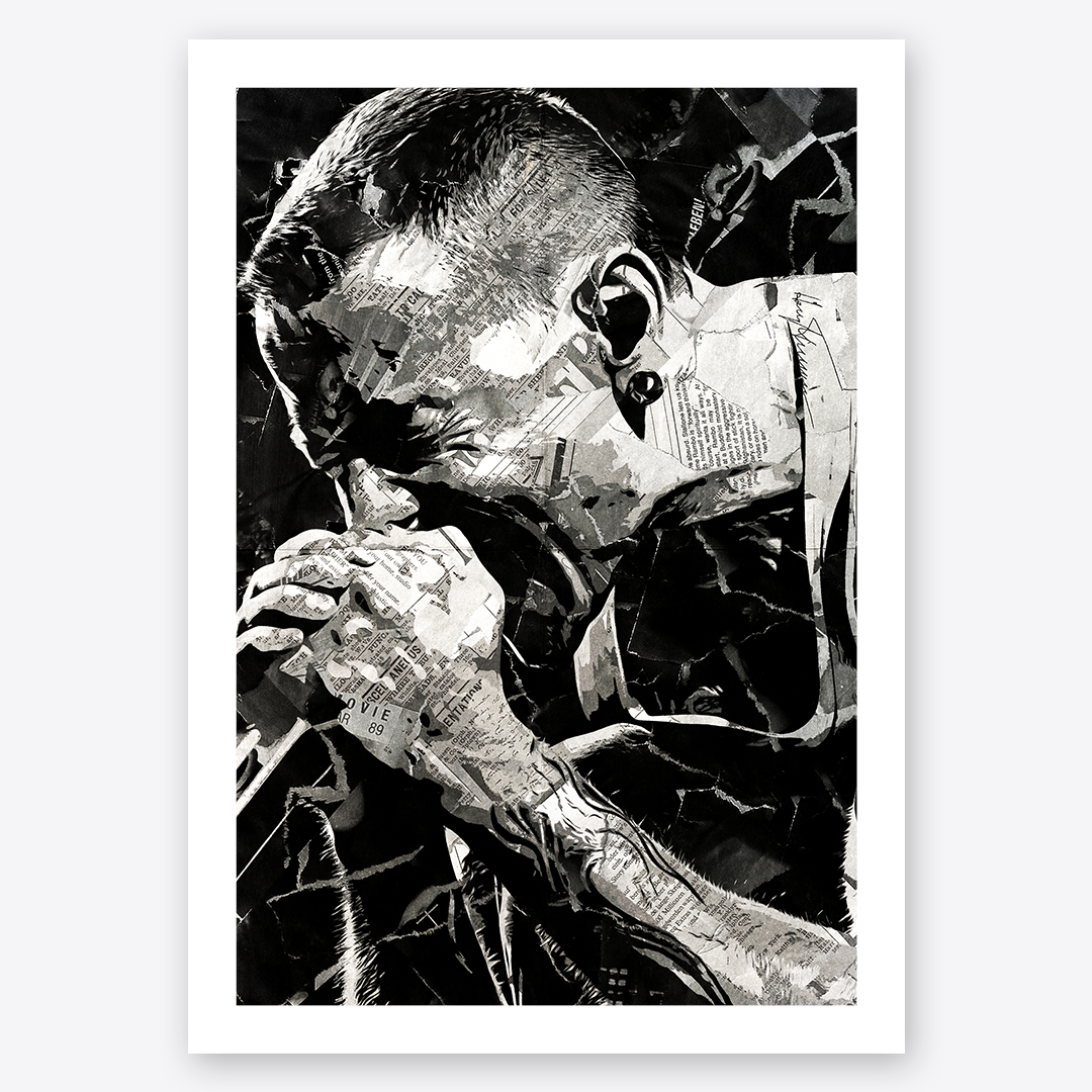 A Chester Bennington poster design - a portrait of Chester made using a collage of torn pieces of magazine pages in black and white.