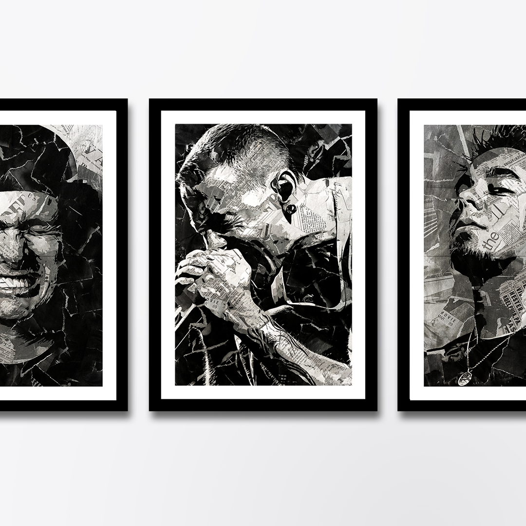 A Chester Bennington poster design - a portrait of Chester made using a collage of torn pieces of magazine pages in black and white.