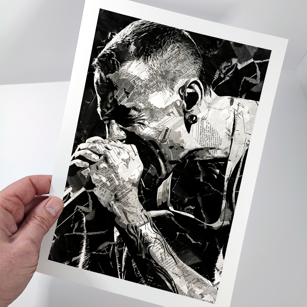 A Chester Bennington poster design - a portrait of Chester made using a collage of torn pieces of magazine pages in black and white.