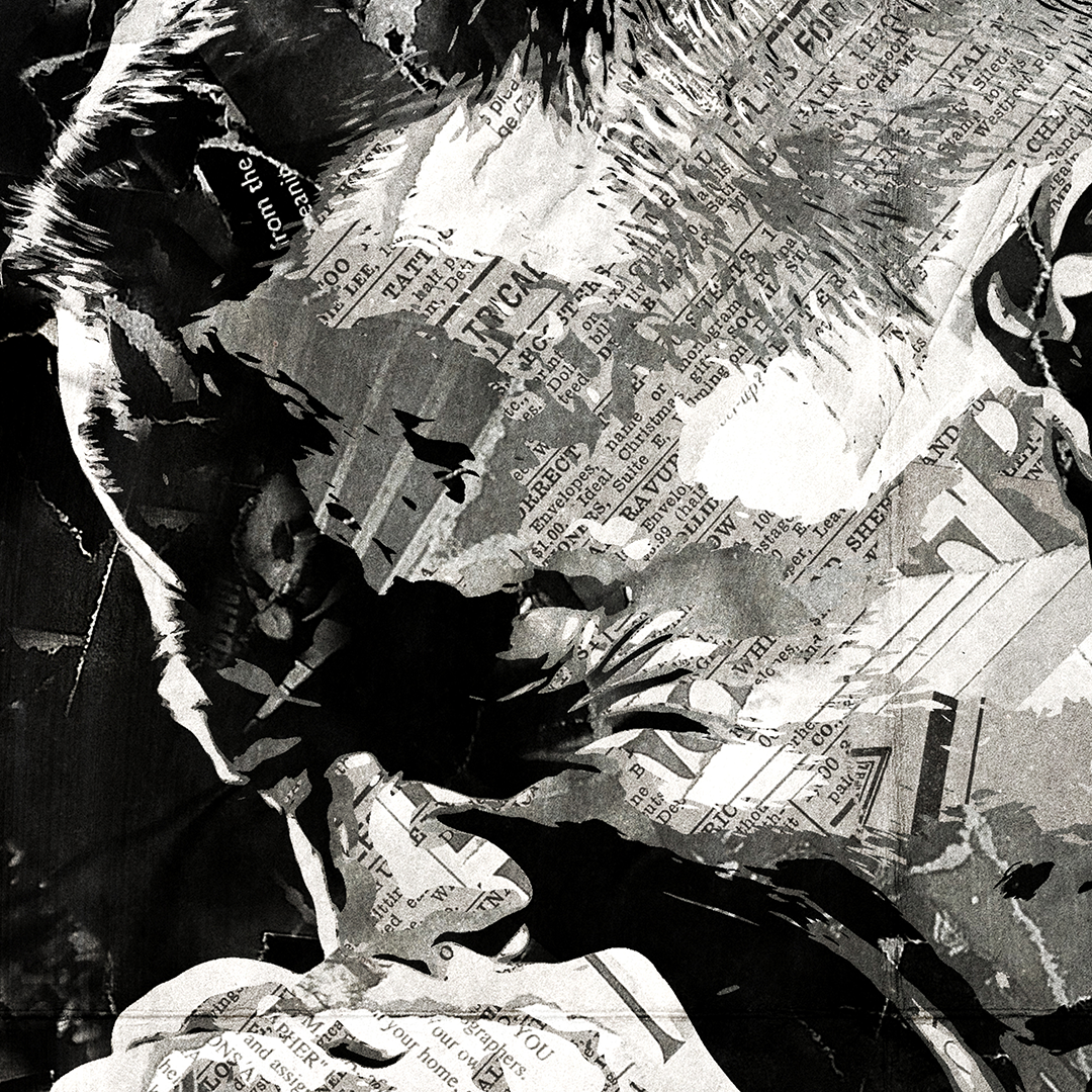 A Chester Bennington poster design - a portrait of Chester made using a collage of torn pieces of magazine pages in black and white.