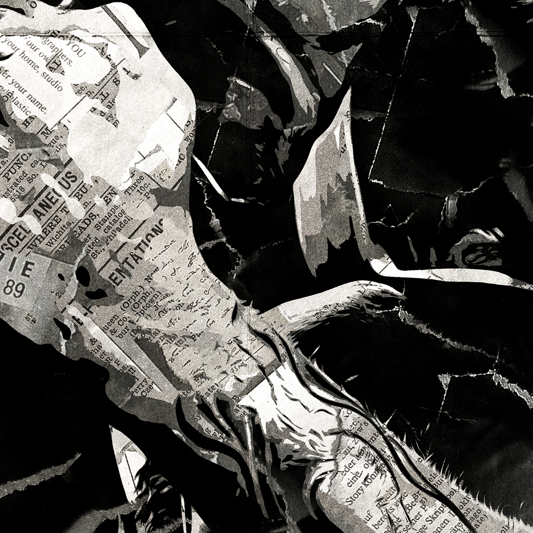 A Chester Bennington poster design - a portrait of Chester made using a collage of torn pieces of magazine pages in black and white.