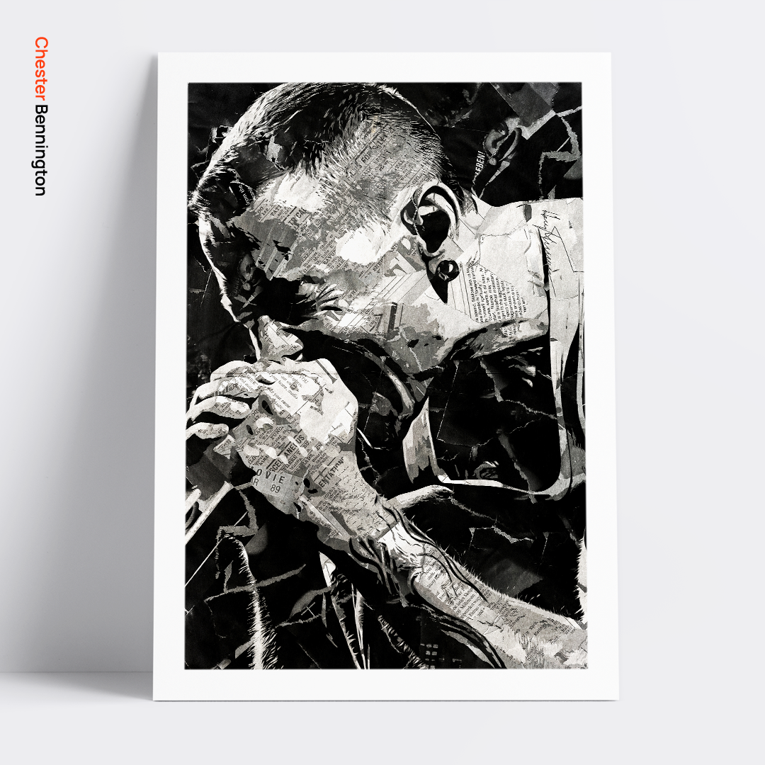 A Chester Bennington poster design - a portrait of Chester made using a collage of torn pieces of magazine pages in black and white.