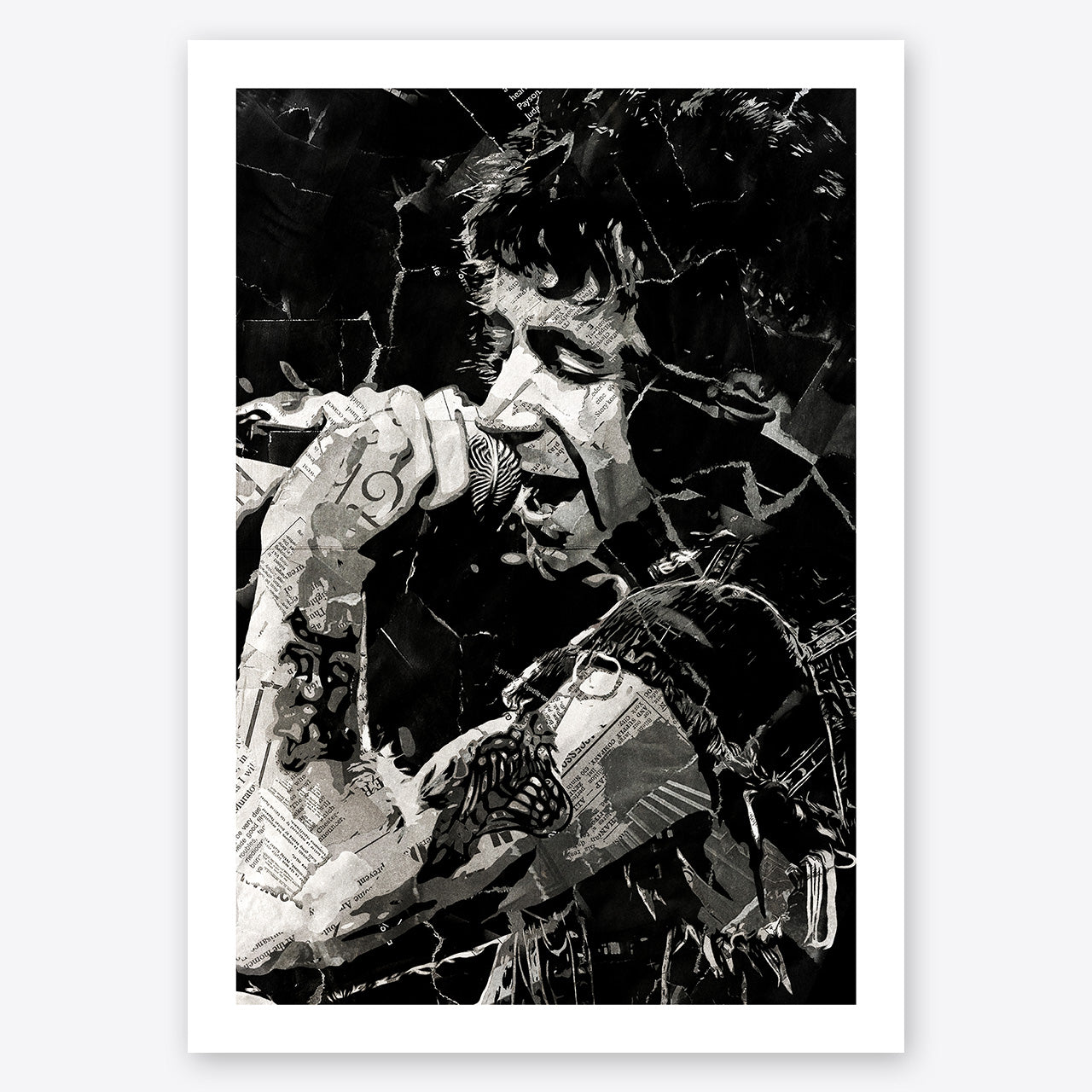 A digital collage portrait of Bon Scott of AC/DC created using ripped up magazines and newspaper. An archival standard quality print from The Building House.