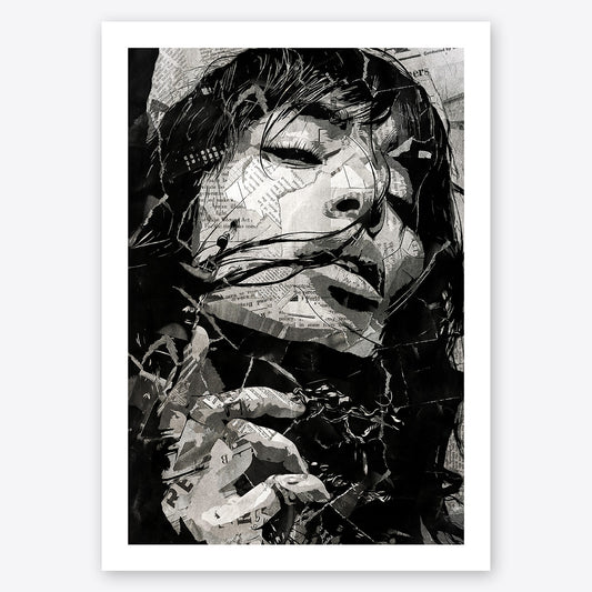 A digital collage portrait of 2 time Eurovision Song Contest winner Loreen created using ripped up magazines and newspaper. An archival standard quality print from The Building House.