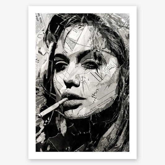 A digital collage portrait of Angelina Jolie created using ripped up magazines and newspaper. An archival standard quality print from The Building House.