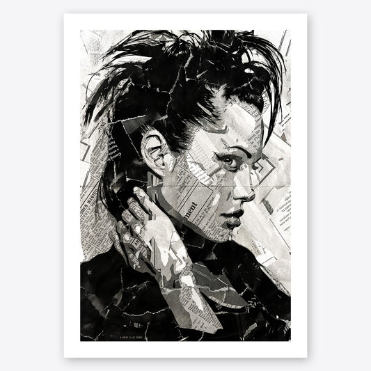 A digital collage portrait of Angelina Jolie created using ripped up magazines and newspaper. An archival standard quality print from The Building House.