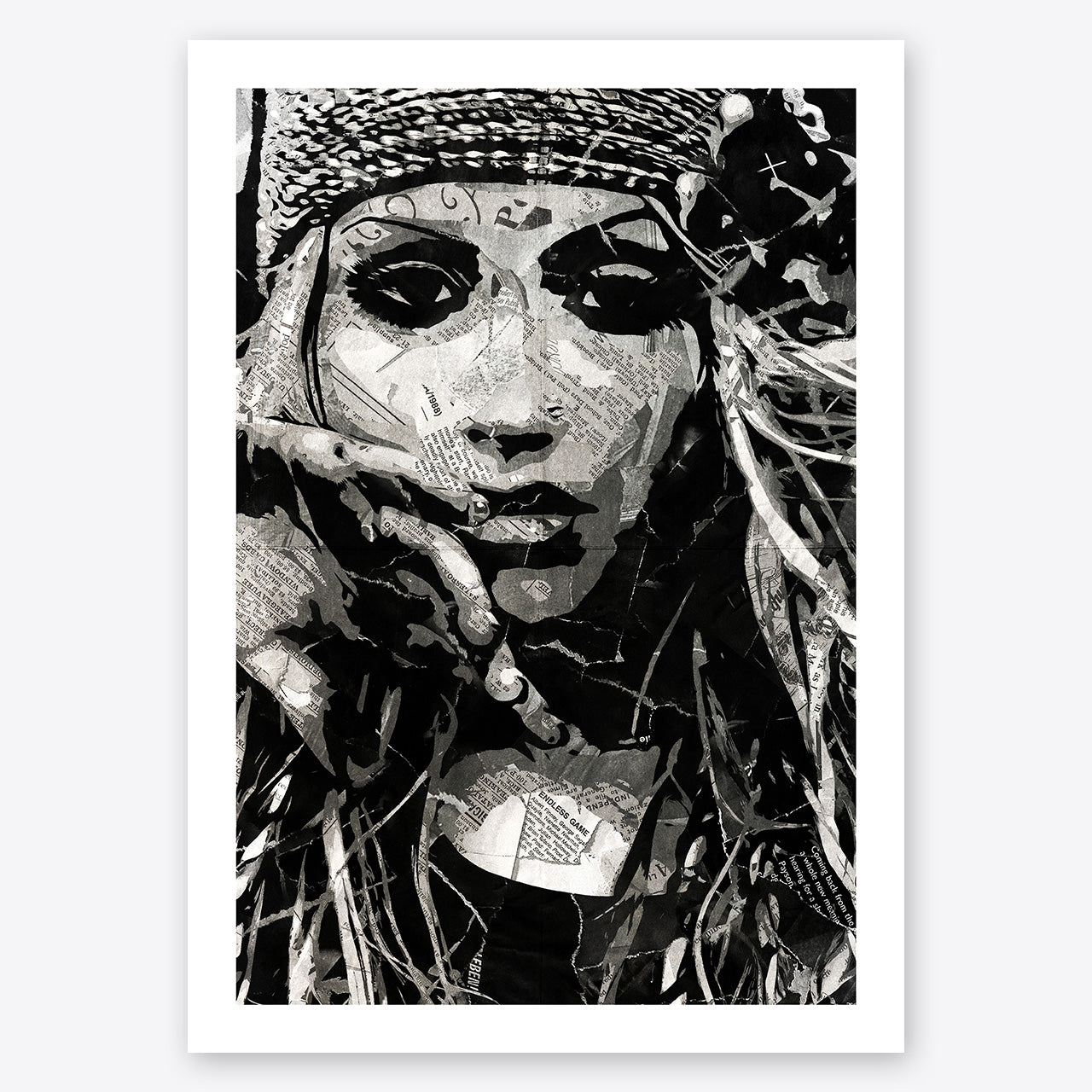 A digital collage portrait of Christina Aguilera created using ripped up magazines and newspaper. An archival standard quality print from The Building House.