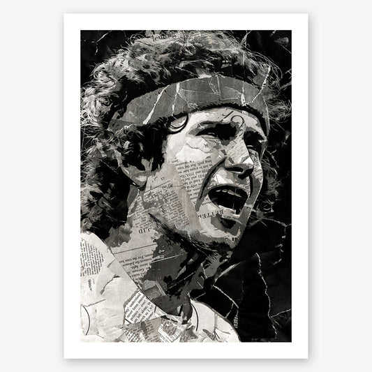 A digital collage portrait of John McEnroe created using ripped up magazines and newspaper. An archival standard quality print from The Building House.