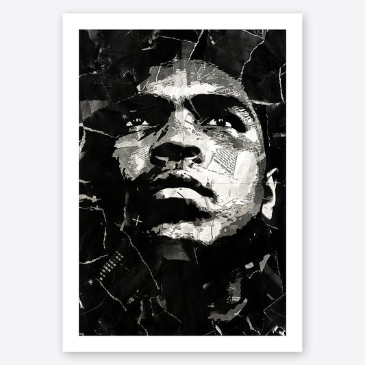 A digital collage portrait of Mohammad Ali created using ripped up magazines and newspaper. An archival standard quality print from The Building House.