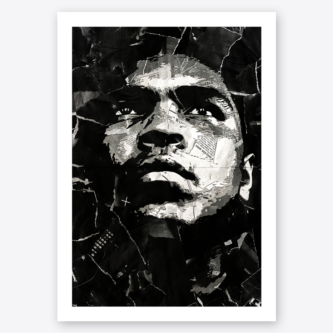 A Muhammad Ali poster design - a portrait of Ali made using a collage of torn pieces of magazine pages in black and white.