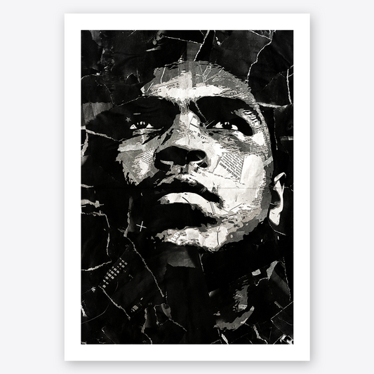 A Muhammad Ali poster design - a portrait of Ali made using a collage of torn pieces of magazine pages in black and white.