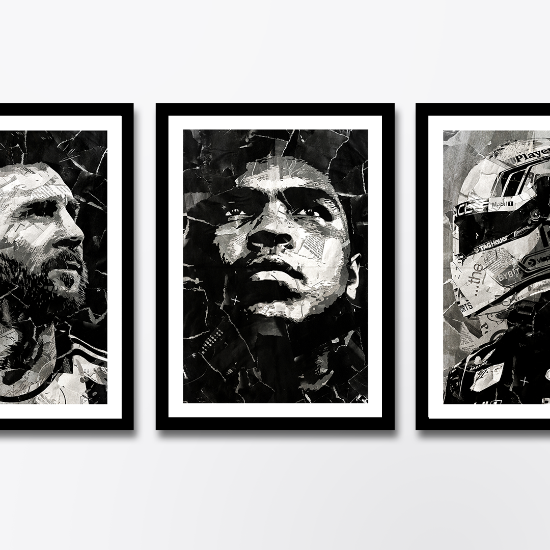 A Muhammad Ali poster design - a portrait of Ali made using a collage of torn pieces of magazine pages in black and white.