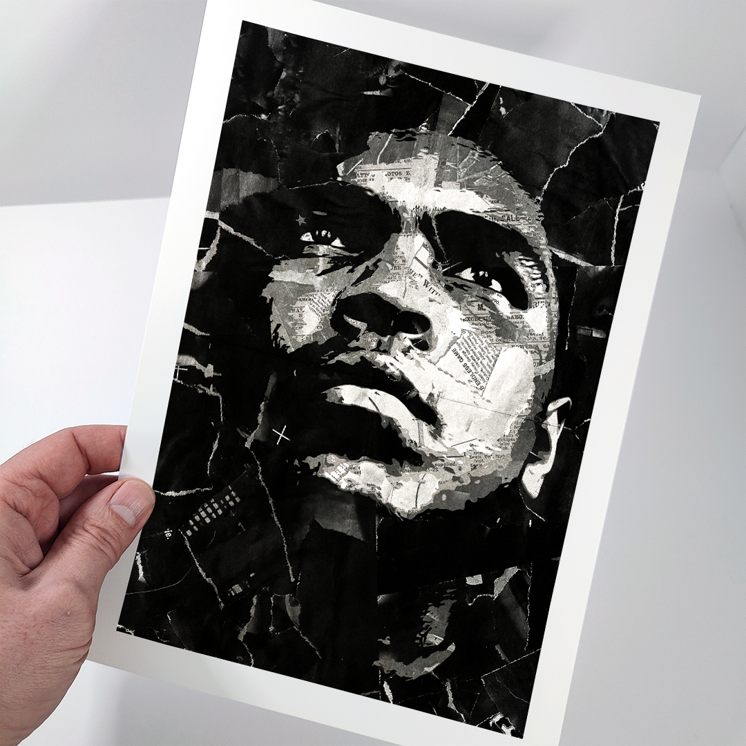 A Muhammad Ali poster design - a portrait of Ali made using a collage of torn pieces of magazine pages in black and white.