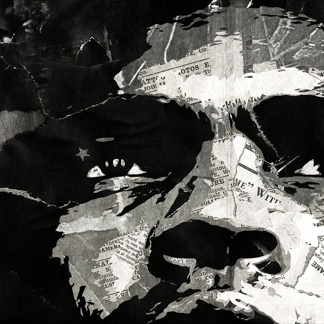 A Muhammad Ali poster design - a portrait of Ali made using a collage of torn pieces of magazine pages in black and white.