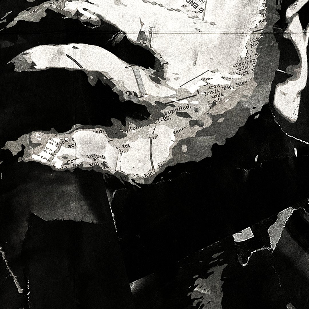 A Muhammad Ali poster design - a portrait of Ali made using a collage of torn pieces of magazine pages in black and white.