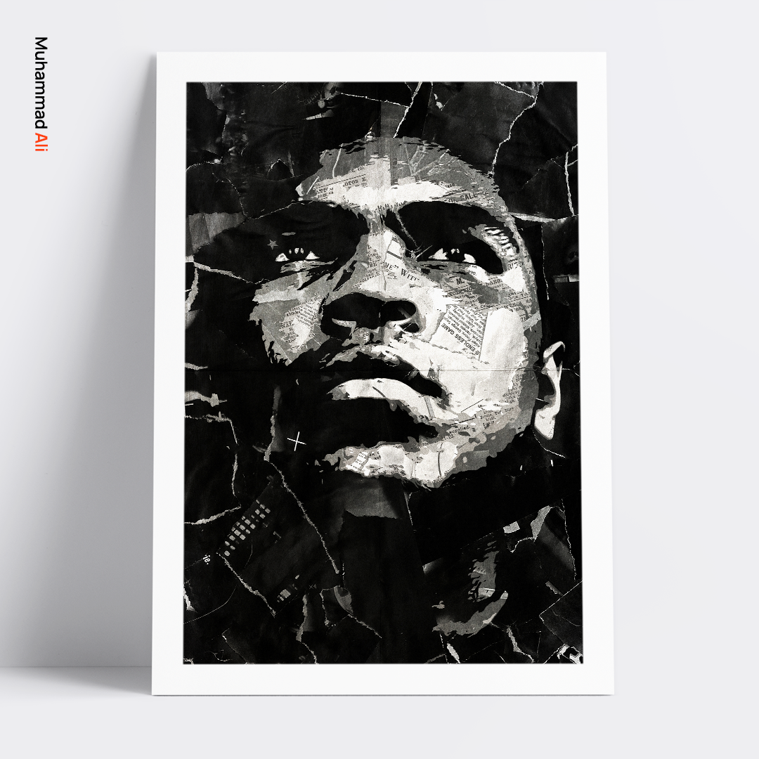 A Muhammad Ali poster design - a portrait of Ali made using a collage of torn pieces of magazine pages in black and white.