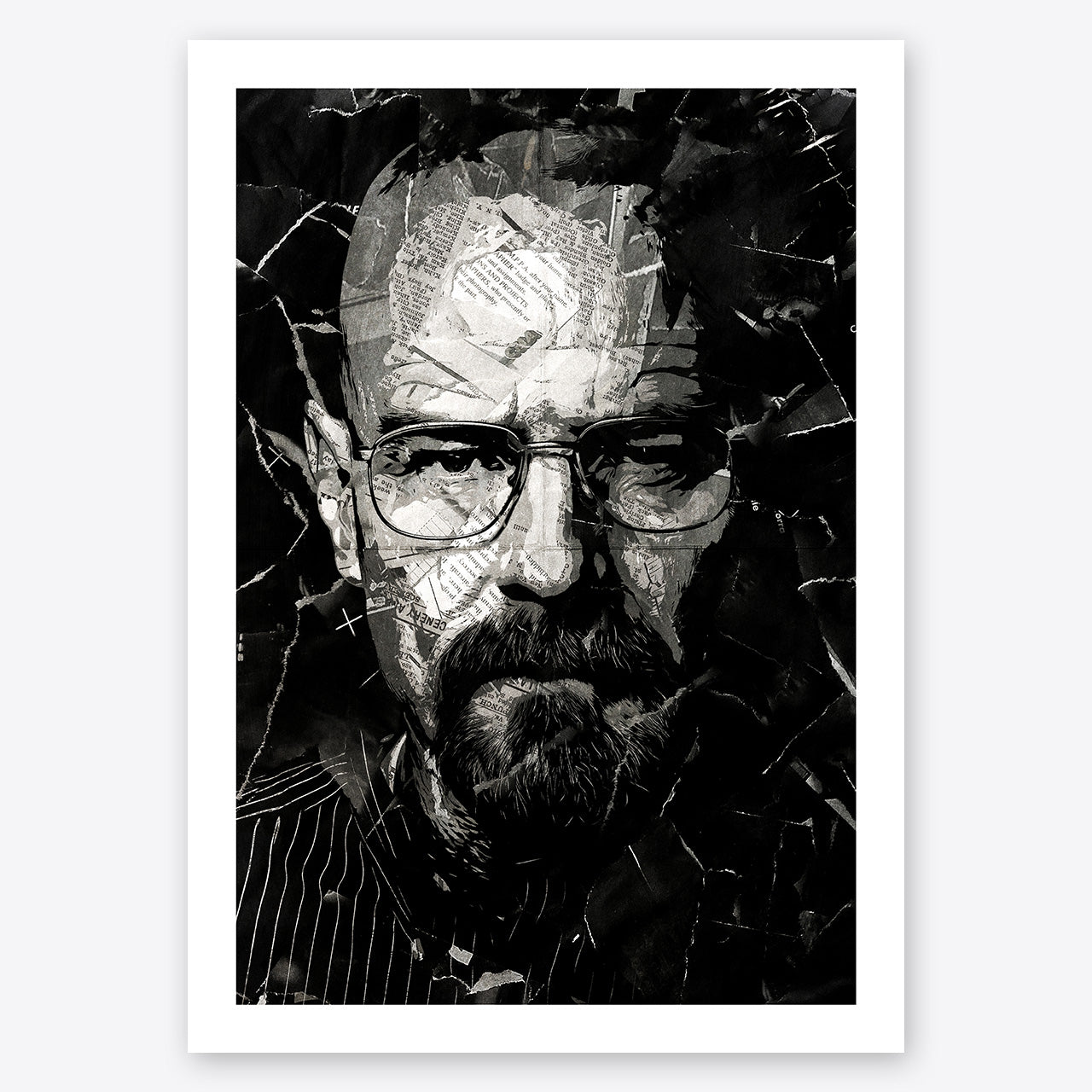 A digital collage portrait of Bryan Cranston playing Walter White in the series Breaking Bad created using ripped up magazines and newspaper. An archival standard quality print from The Building House.