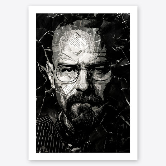 A digital collage portrait of Bryan Cranston playing Walter White in the series Breaking Bad created using ripped up magazines and newspaper. An archival standard quality print from The Building House.