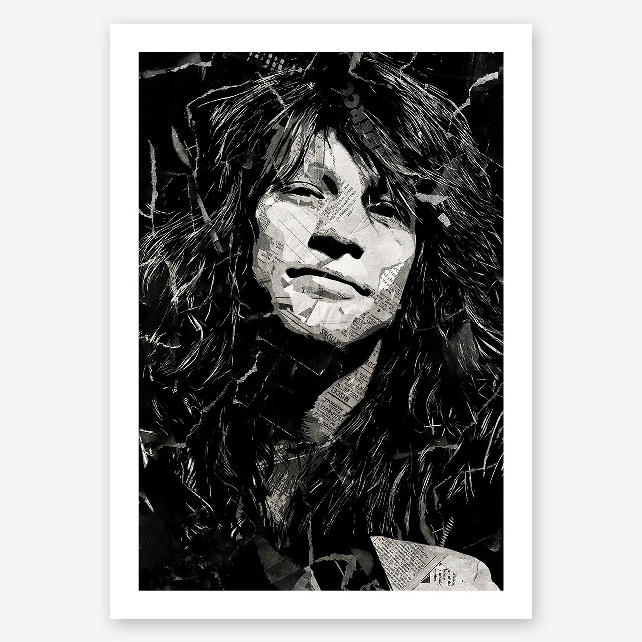 A digital collage portrait of Jon Bon Jovi of Bon Jovi created using ripped up magazines and newspaper. An archival standard quality print from The Building House.