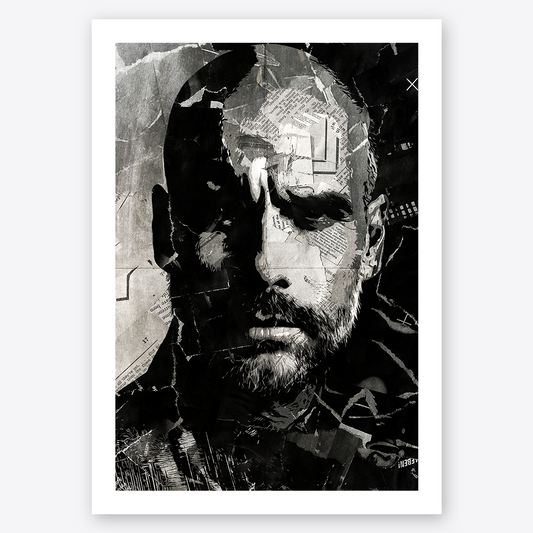 A Pep Guardiola poster design - a portrait of Pep made using a collage of torn pieces of magazine pages in black and white.