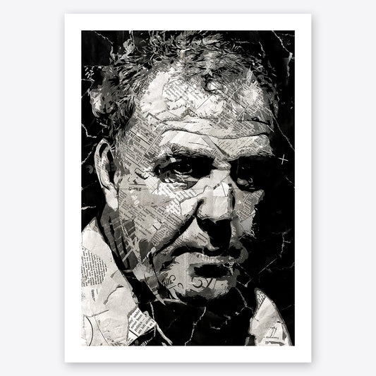 A digital collage portrait of Jeremy Clarkson created using ripped up magazines and newspaper. An archival standard quality print from The Building House.