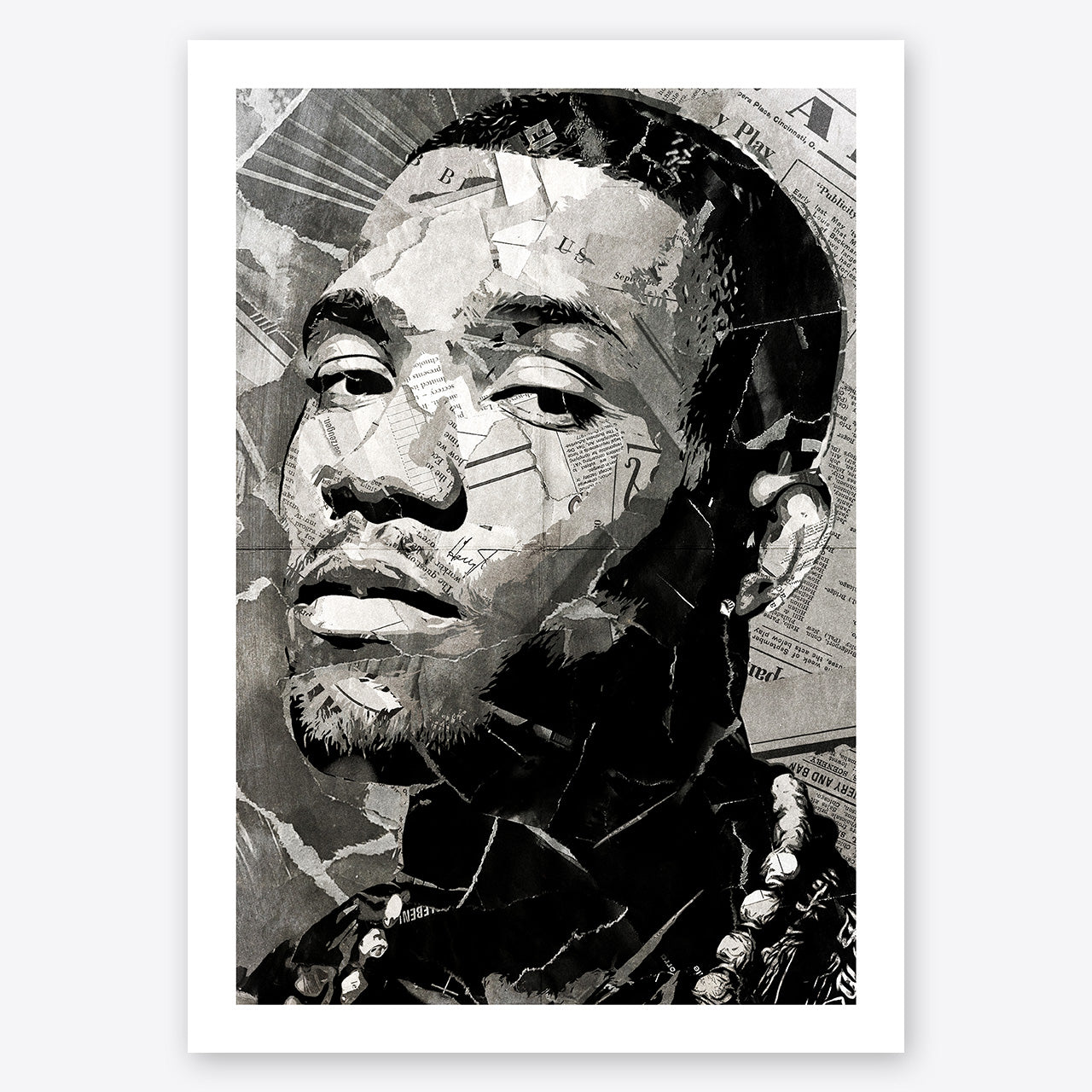 A digital collage portrait of Frank Ocean created using ripped up magazines and newspaper. An archival standard quality print from The Building House.