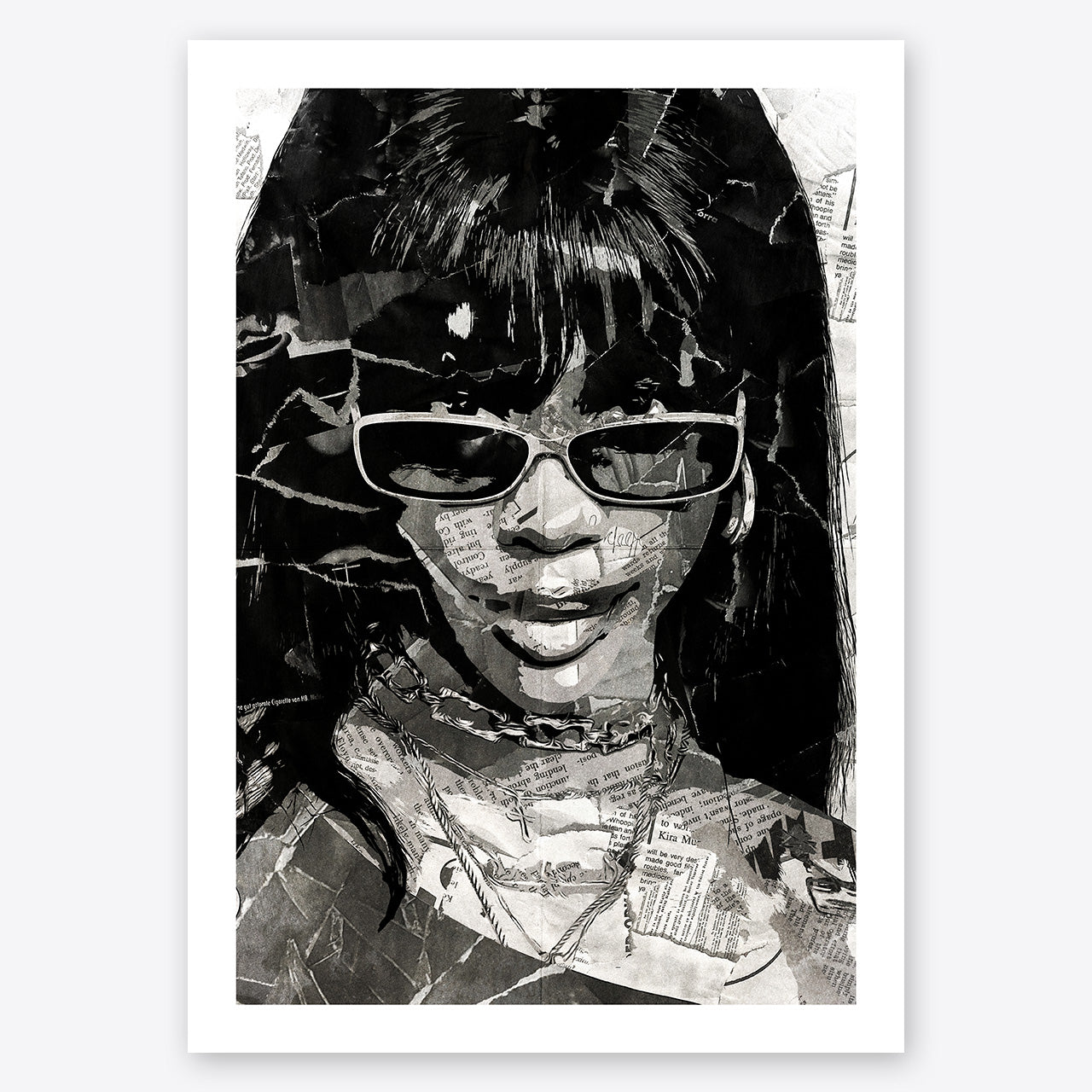 A digital collage portrait of SZA created using ripped up magazines and newspaper. An archival standard quality print from The Building House.