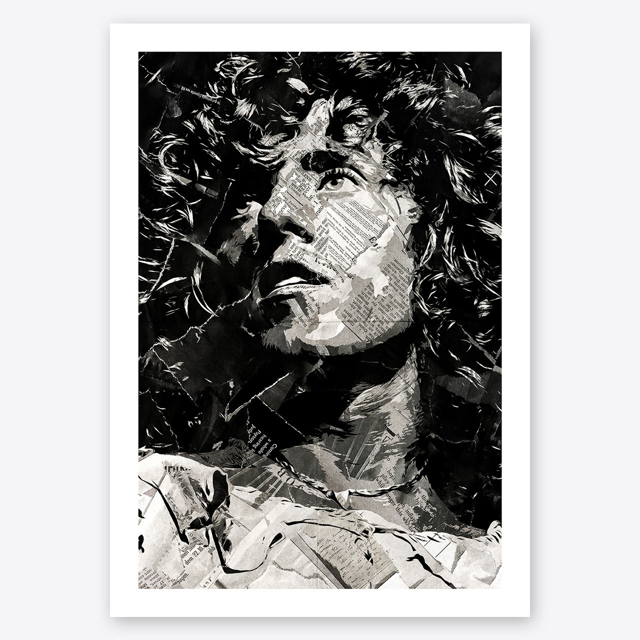 A digital collage portrait of Roger Daltry of The Who created using ripped up magazines and newspaper. An archival standard quality print from The Building House.