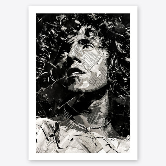 A digital collage portrait of Roger Daltry of The Who created using ripped up magazines and newspaper. An archival standard quality print from The Building House.