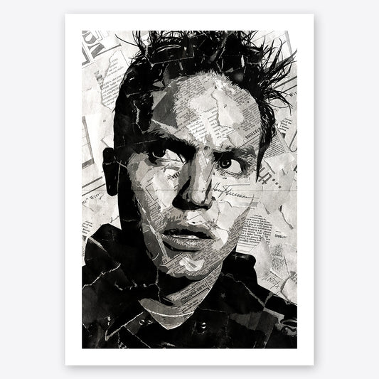 A digital collage portrait of Mark Hoppus of Blink 182 created using ripped up magazines and newspaper. An archival standard quality print from The Building House.