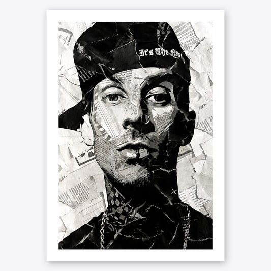 A digital collage portrait of Travis Barker of Blink 182 created using ripped up magazines and newspaper. An archival standard quality print from The Building House.