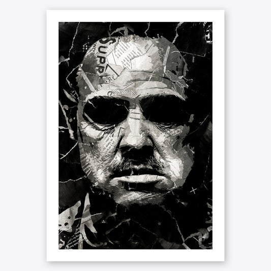 A digital collage portrait of Marlon Brando as Vito Corleone from the movie Godfather created using ripped up magazines and newspaper. An archival standard quality print from The Building House.