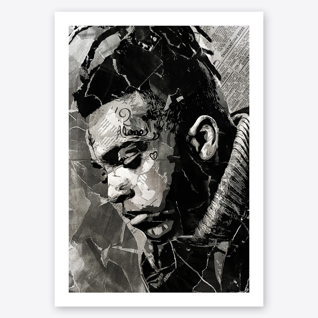 A digital collage portrait of XXXTentacion created using ripped up magazines and newspaper. An archival standard quality print from The Building House.